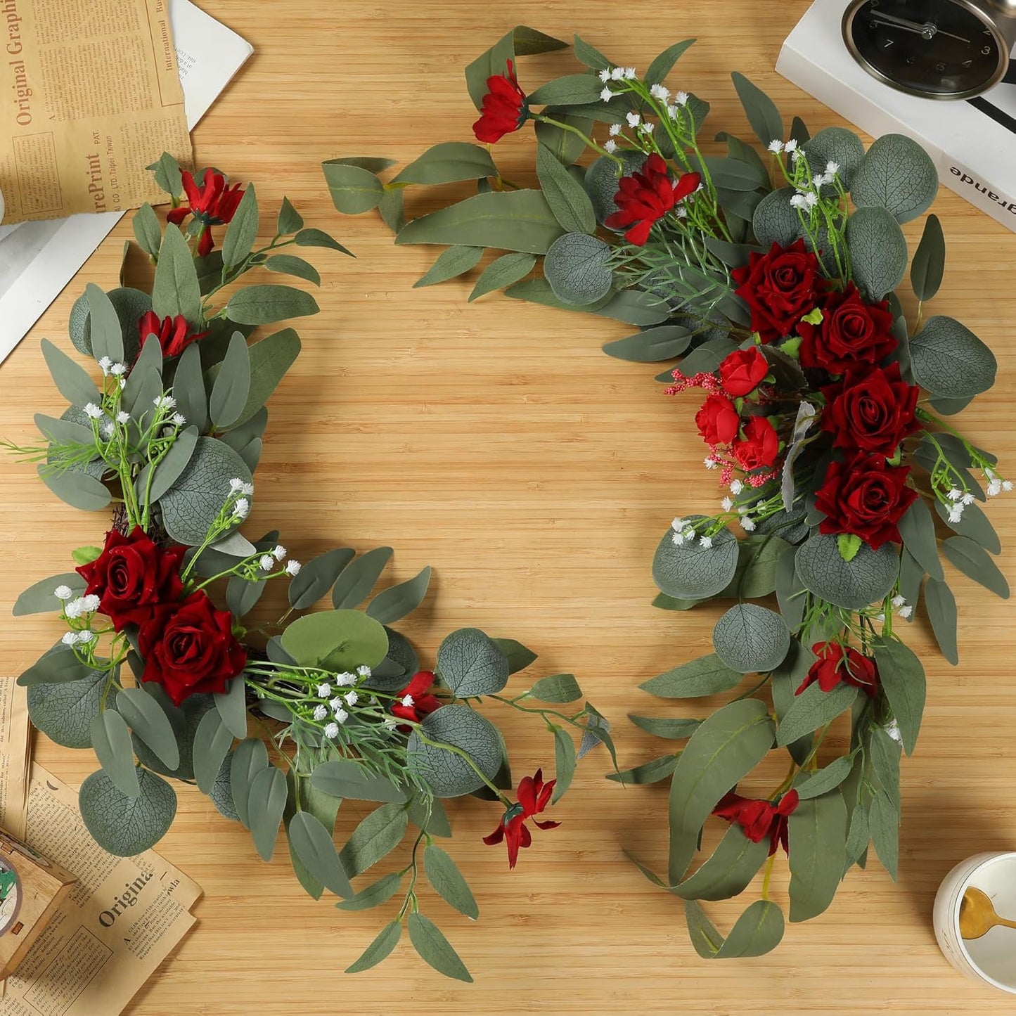 H&W 2pcs Artificial Wedding Arch Flowers for Wedding Sign, Floral Swag Dusty Decor for Reception Ceremony Backdrop Sweetheart Table （Red Rose）