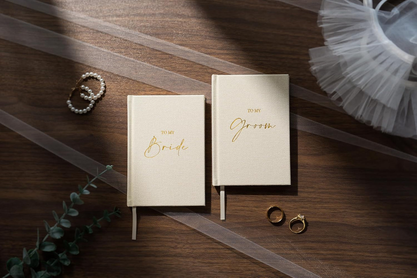 Hard Cover Vow Books (Set of 2) - To My Bride & To My Groom Matching Ivory Pocket Sized Foil Embossed Wedding Ceremony Vow Renewal Speech Notebook Planner, Gift for Bride & Groom Newly Engaged Couple