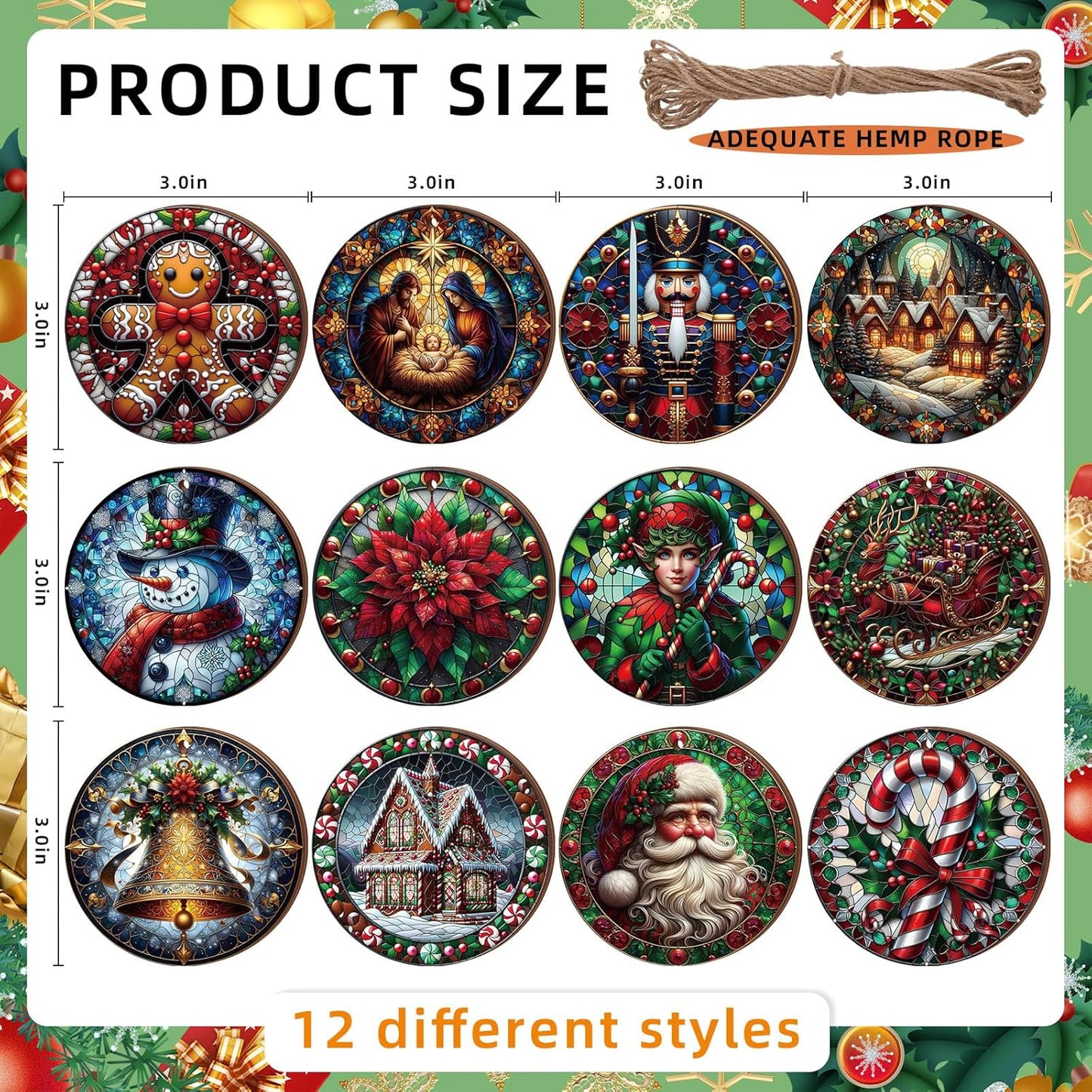 Suzile 36 Pcs Christmas Wooden Ornaments Vintage Christmas Decoration Oil Painting Round Ornaments Retro Santa Claus Gingerbread Man Hanging Decoration for Xmas Farmhouse Home Winter Party