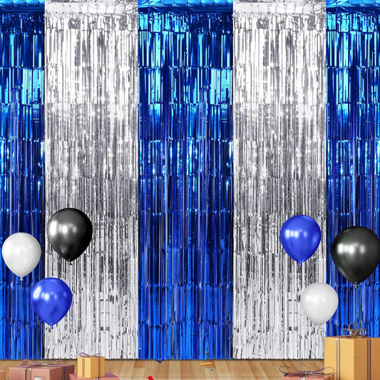3Pack 3.3Ft x 6.6Ft Graduation Foil Fringe Curtain Backdrop Decorations, Blue Silver Metallic Tinsel Foil Streamers Curtain Photo Booth Background for Graduation Prom Wedding Birthday Party Decoration