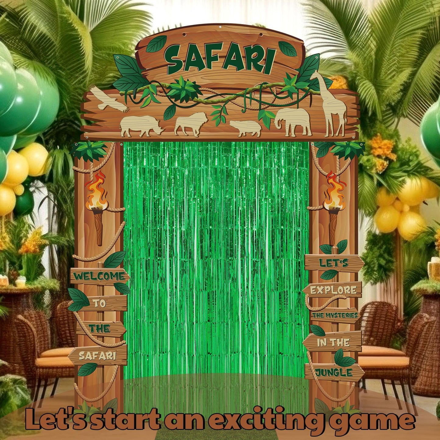 VitalCozy 7 Pcs VBS 2026 Safari Jungle Door Banner Foil Fringe Curtain Rug