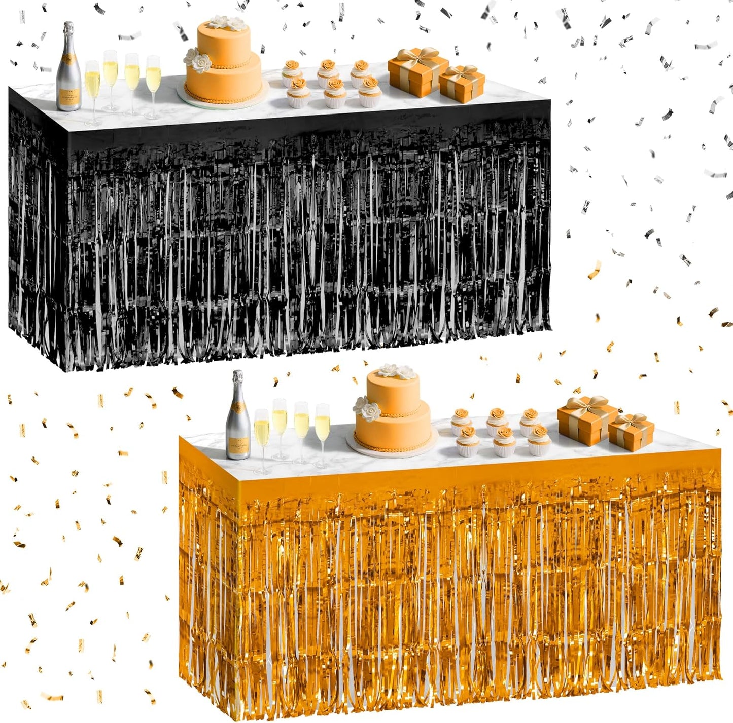 2 Pack Black Orange Table Skirts, 29x108" Metallic Foil Tinsel Fringe Table Skirt for Rectangle Tables Streamer Curtains Backdrop, Party Decorations for Birthdays, Weddings, Holidays