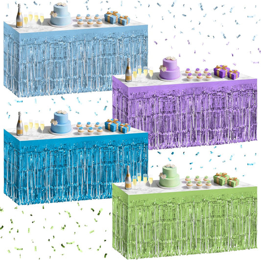 4 Pack Blue Lime Green Purple Series Table Skirts, 29x108" Metallic Foil Tinsel Fringe Table Skirt for Rectangle Tables Streamer Curtains Backdrop, Party Decorations for Birthdays, Weddings, Holidays