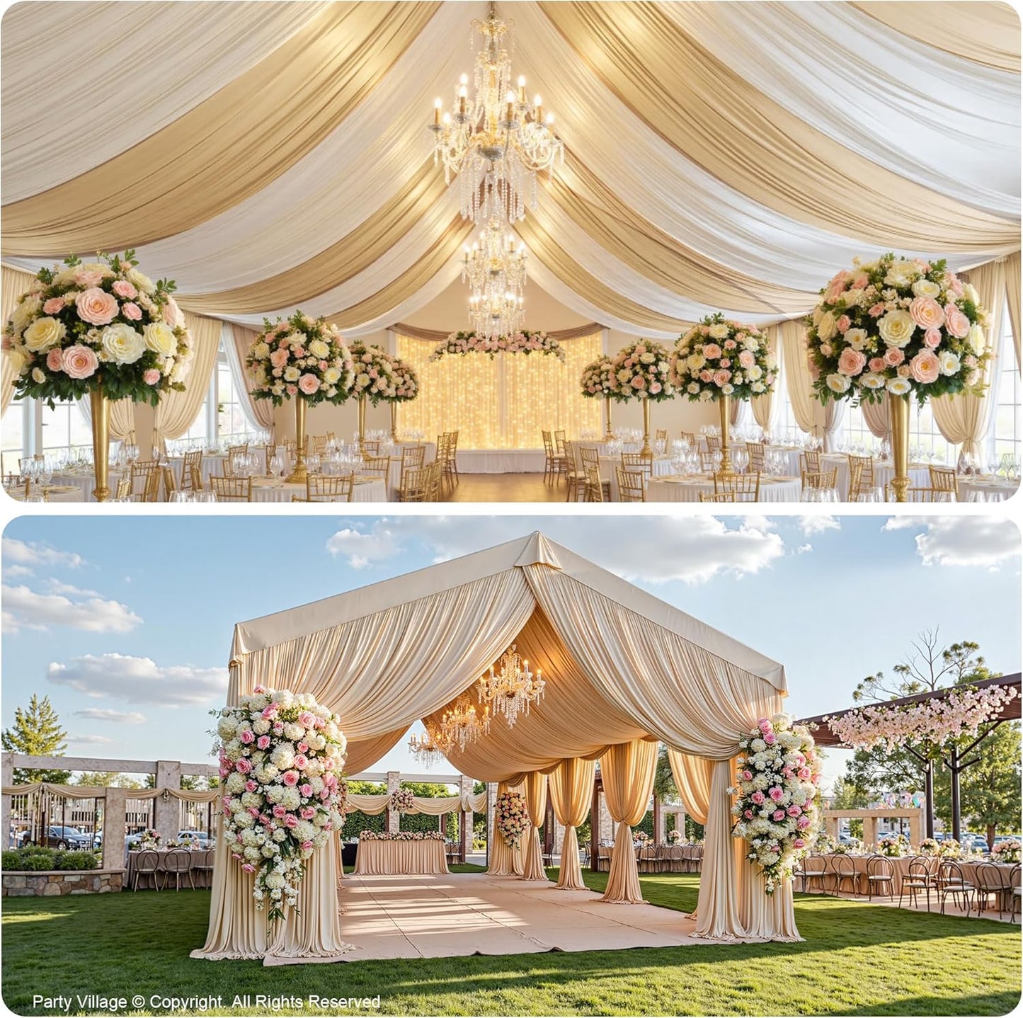 PartyVillage 2 Panels 5ftx30ft Beige Ceiling Drapes for Wedding Parties – 30 FT Extra Long Thick Polyester Wrinkle-Free Drapery Tent Decor Decorations for Birthday Party Ceremony Stage Swag