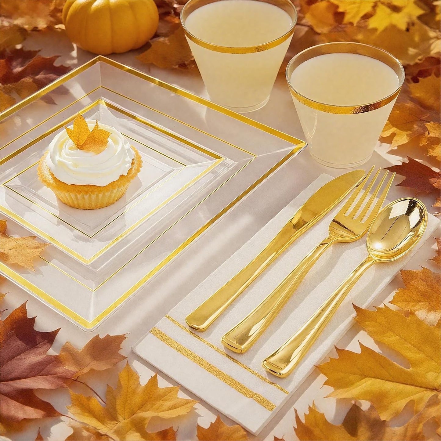 Festiva 350Pcs Clear Plastic Plates with Gold rim - Clear Gold Disposable Dinnerware for 50 Guests include 100 Square Plastic Plates 50Cups 50Cutlery 50Napkins Perfect for Thanksgiving Party&Wedding