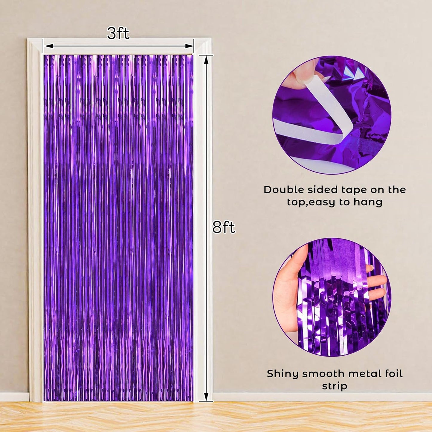 BTSD-home Purple Foil Fringe Curtain, Metallic Photo Booth Backdrop Tinsel Door Curtains for Wedding Birthday Bridal Shower Baby Shower Bachelorette Christmas Party Decorations(4 Pack, 8ft x 3ft)