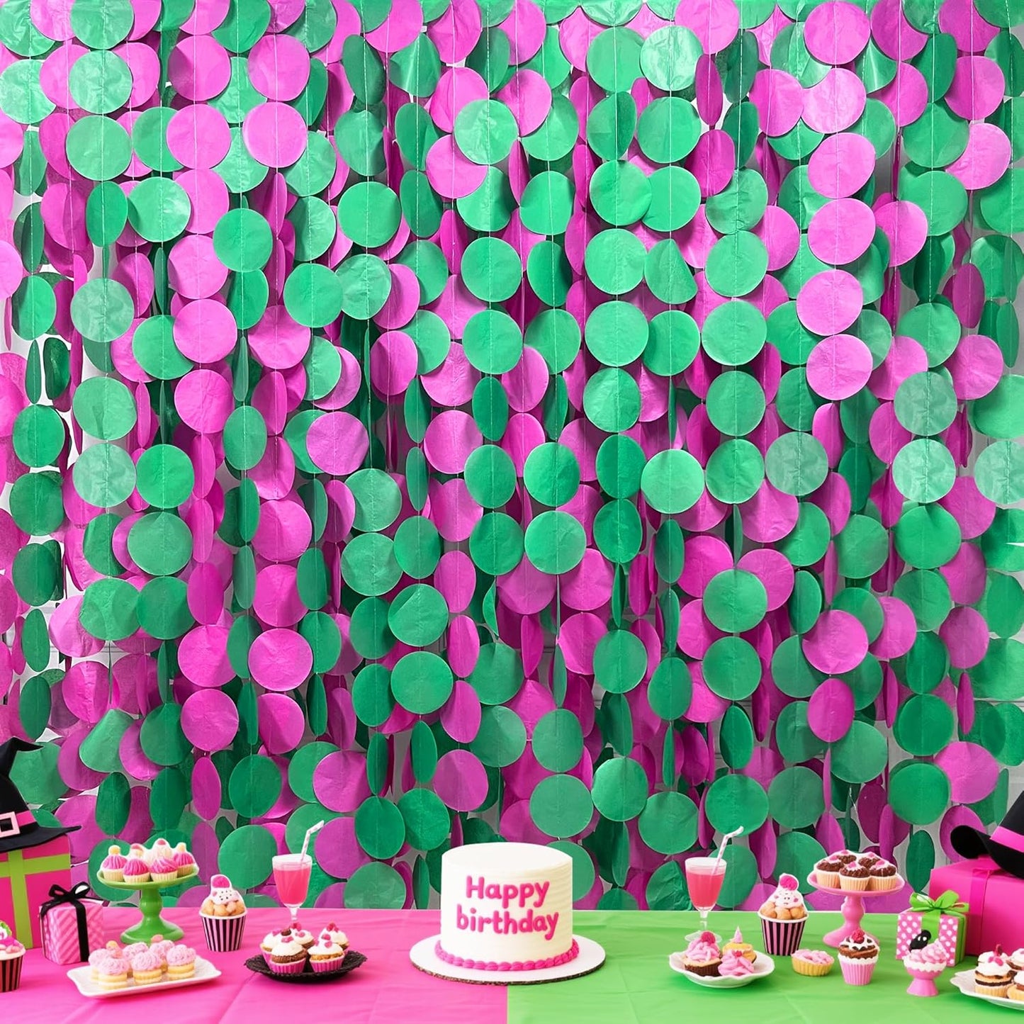 205 Ft Hot Pink and Green Party Decorations Circle Dot Backdrop Garland Tissue Paper Polka Dots Hanging Streamer for Witches Theme Birthday Baby Shower Bachelorette Wedding Engagement Party Supplies