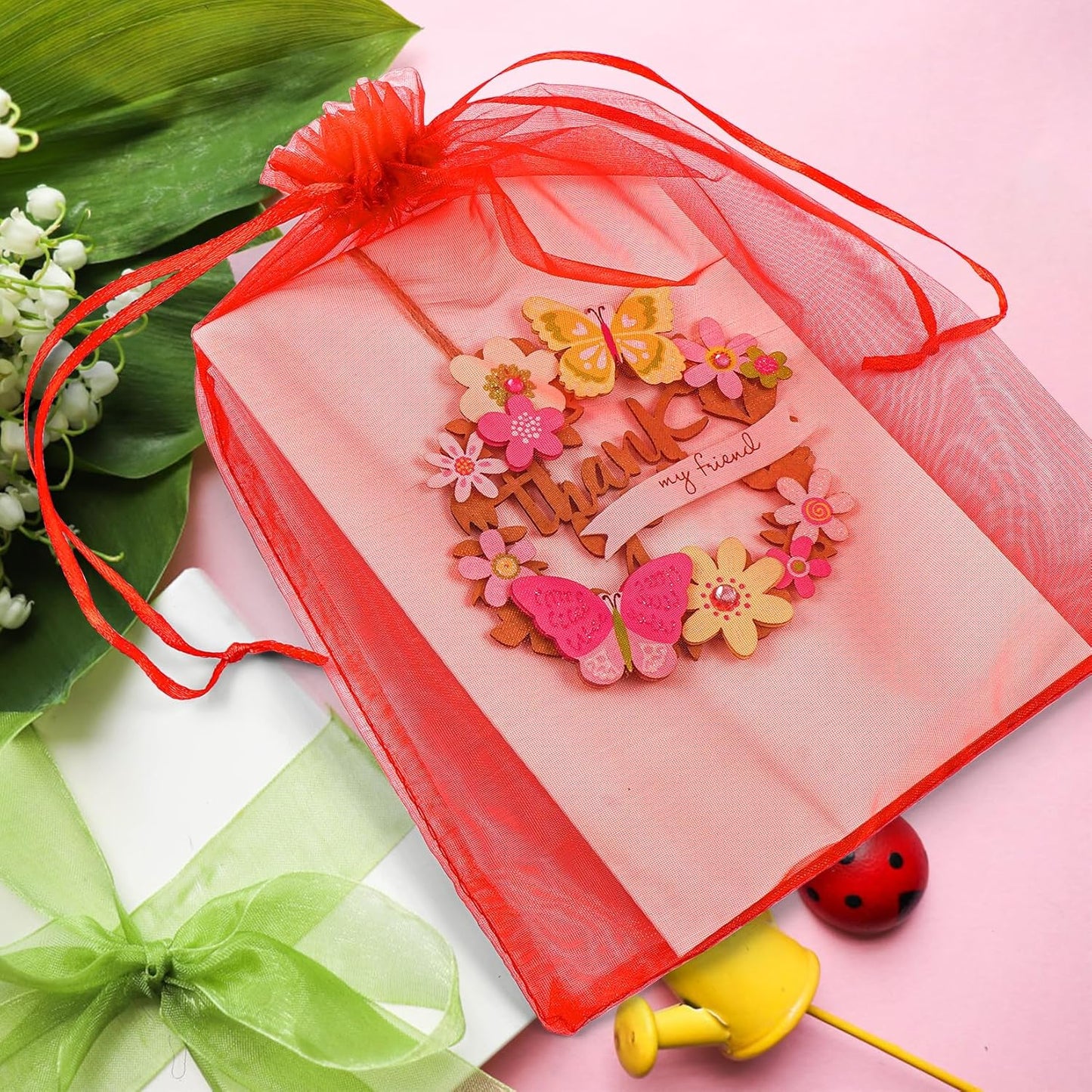 ANZNKU 100 Pack Red Organza Bags 6x9 inches Mesh Bags Drawstring, Gift Bag for Party Favor Christmas Wedding Mesh Festival Makeup