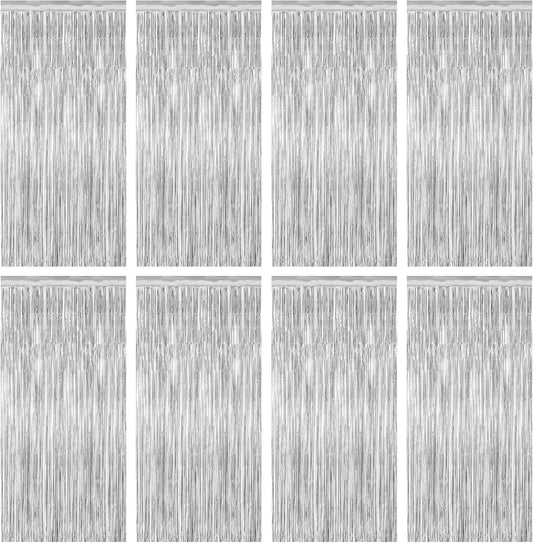8 Pack Silver Backdrop, 3.28 FT x 7.05 FT Birthday Backdrop, Metallic Silver Tinsel Curtain Disco Party Streamer, Bachelorette Party Decorations Birthday Photo Booth Props