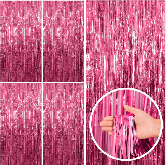 5 Pack Pink Tinsel Curtain Party Backdrop Foil Fringe Birthday Photo Booth Streamer Backdrop Theme Decorations