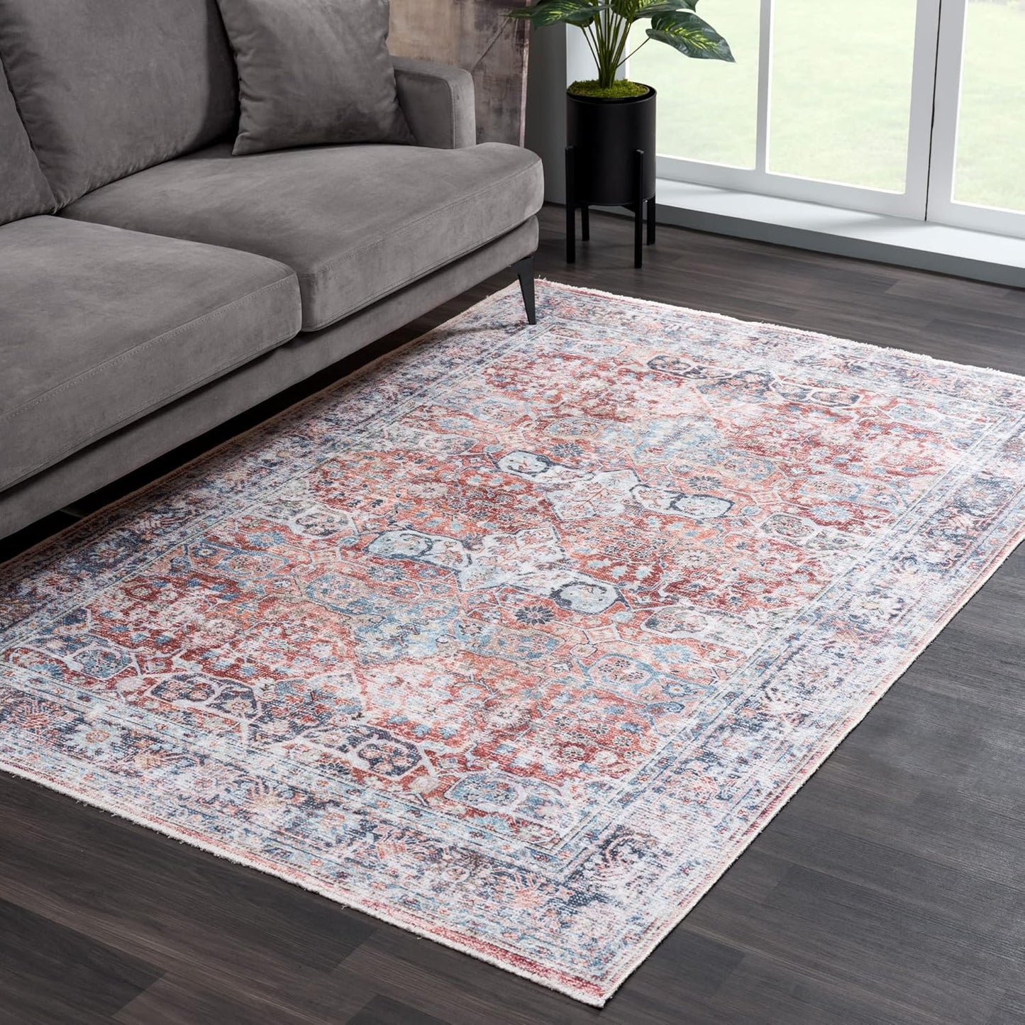 Bloom Rugs Caria Washable Non-Slip 9x12 Rug - Brick/Dark Blue Traditional Area Rug for Living Room, Bedroom, Dining Room, and Kitchen - Exact Size: 9' x 12'