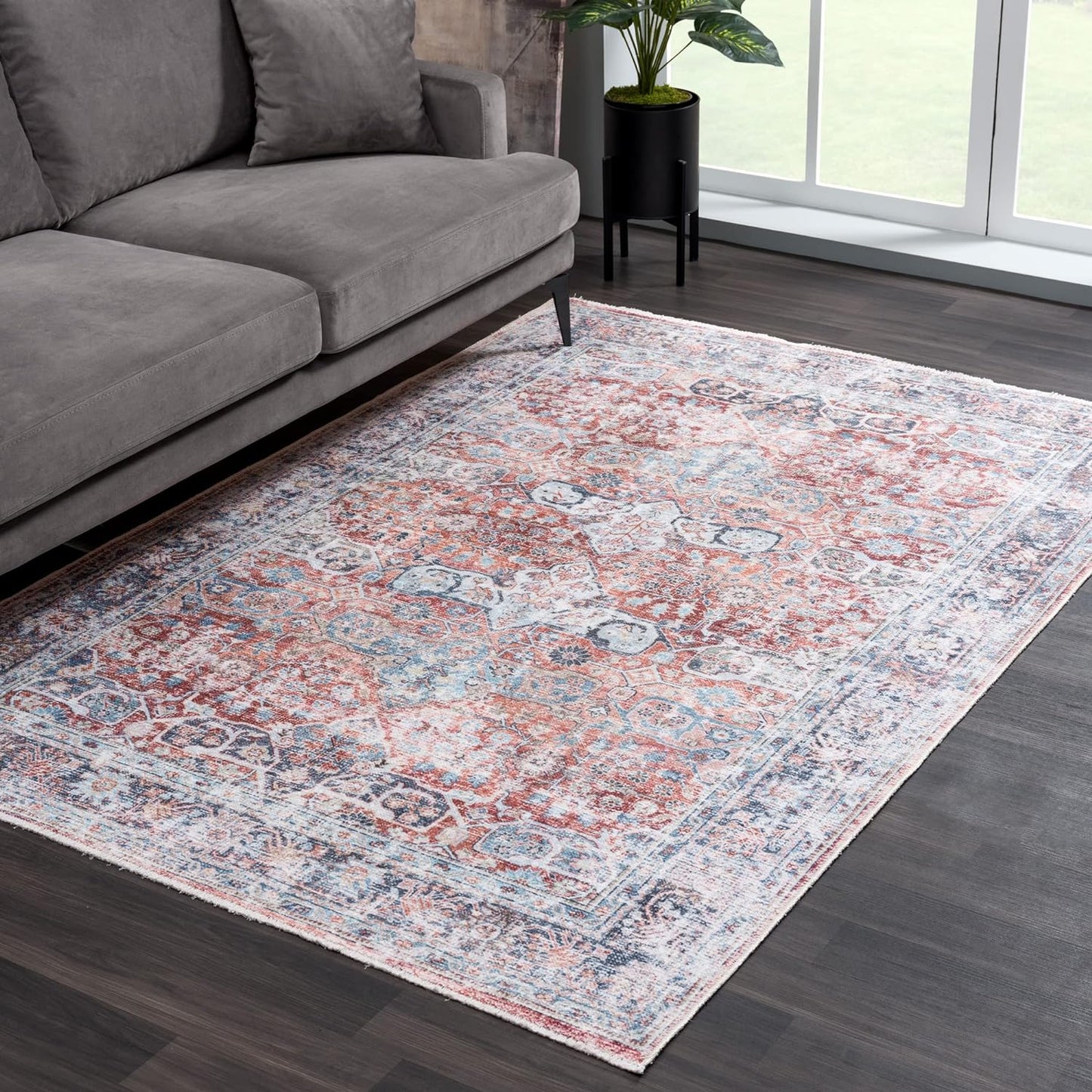 Bloom Rugs Caria Washable Non-Slip 6x9 Rug - Brick/Dark Blue Traditional Area Rug for Living Room, Bedroom, Dining Room, and Kitchen - Exact Size: 6' x 9'