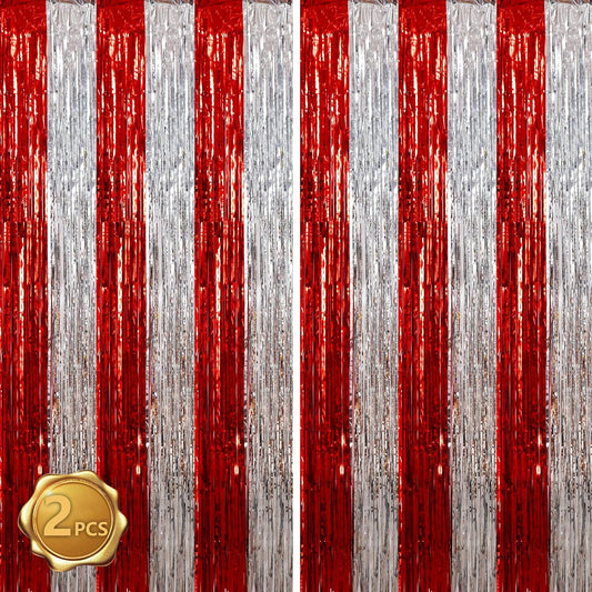 BEISHIDA Red Silver Door Streamers Backdrop Foil Fringe Tinsel Party Streamers Curtains Photo Backdrop - 2Pcs for Birthday Graduation Christmas Party Decoations