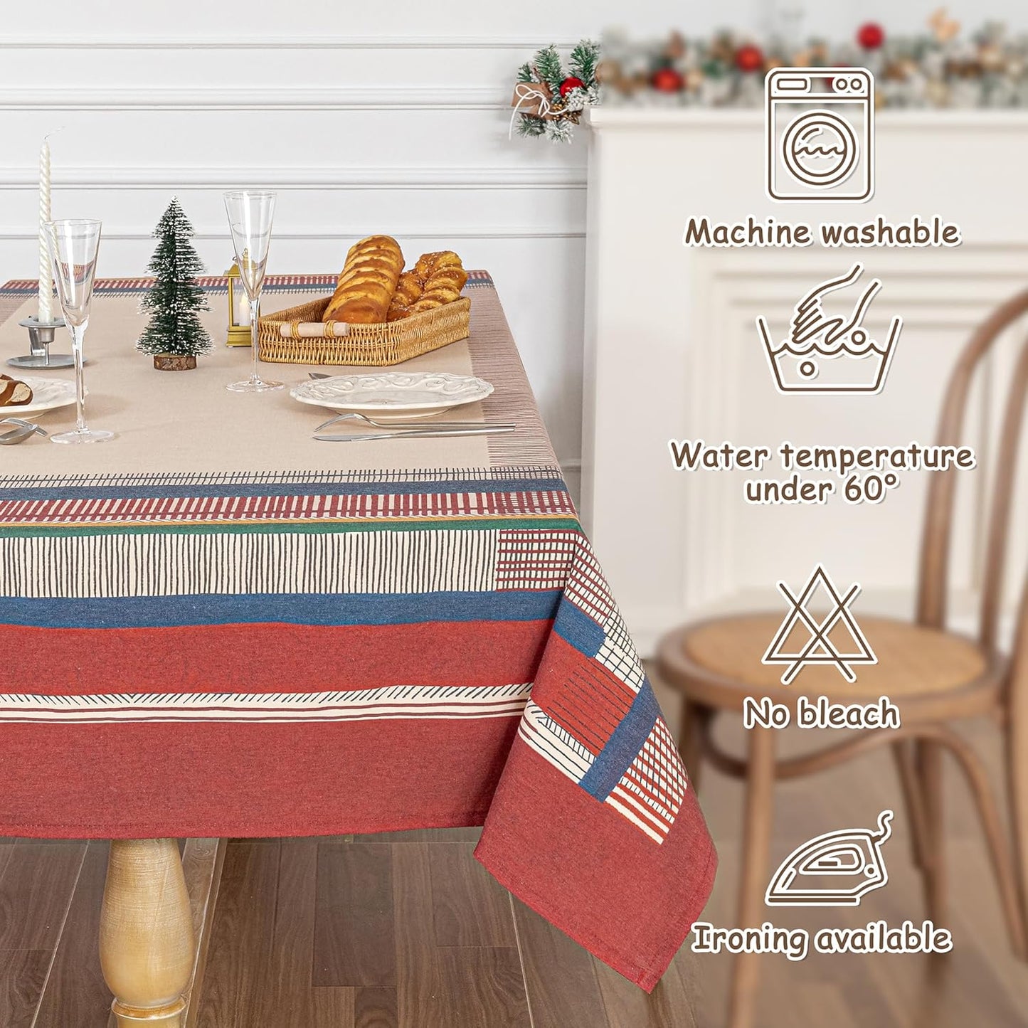 MYSKY HOME Cotton Table Cloth, Rustic Striped Fall Tablecloth, Farmhouse Table Cloth Waterproof Wrinkle Free Halloween Tablecloth Washable for Rectangle/Oblong, 55''x86'', Red