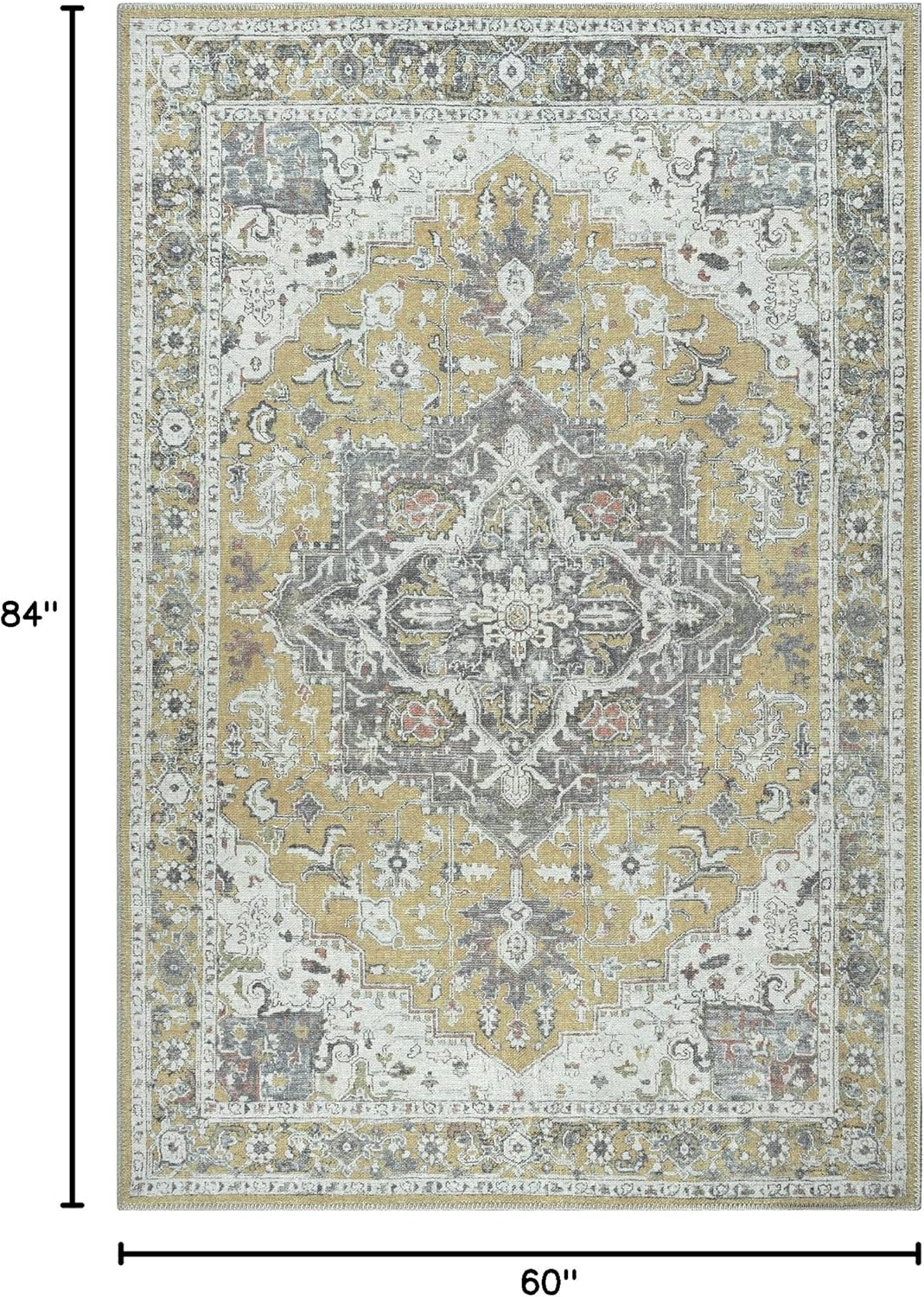 Bloom Rugs Washable Non-Slip 5' x 7' Rug - Yellow Traditional Medallion Area Rug for Living Room, Bedroom, Dining Room, and Kitchen - Exact Size: 5' x 7'