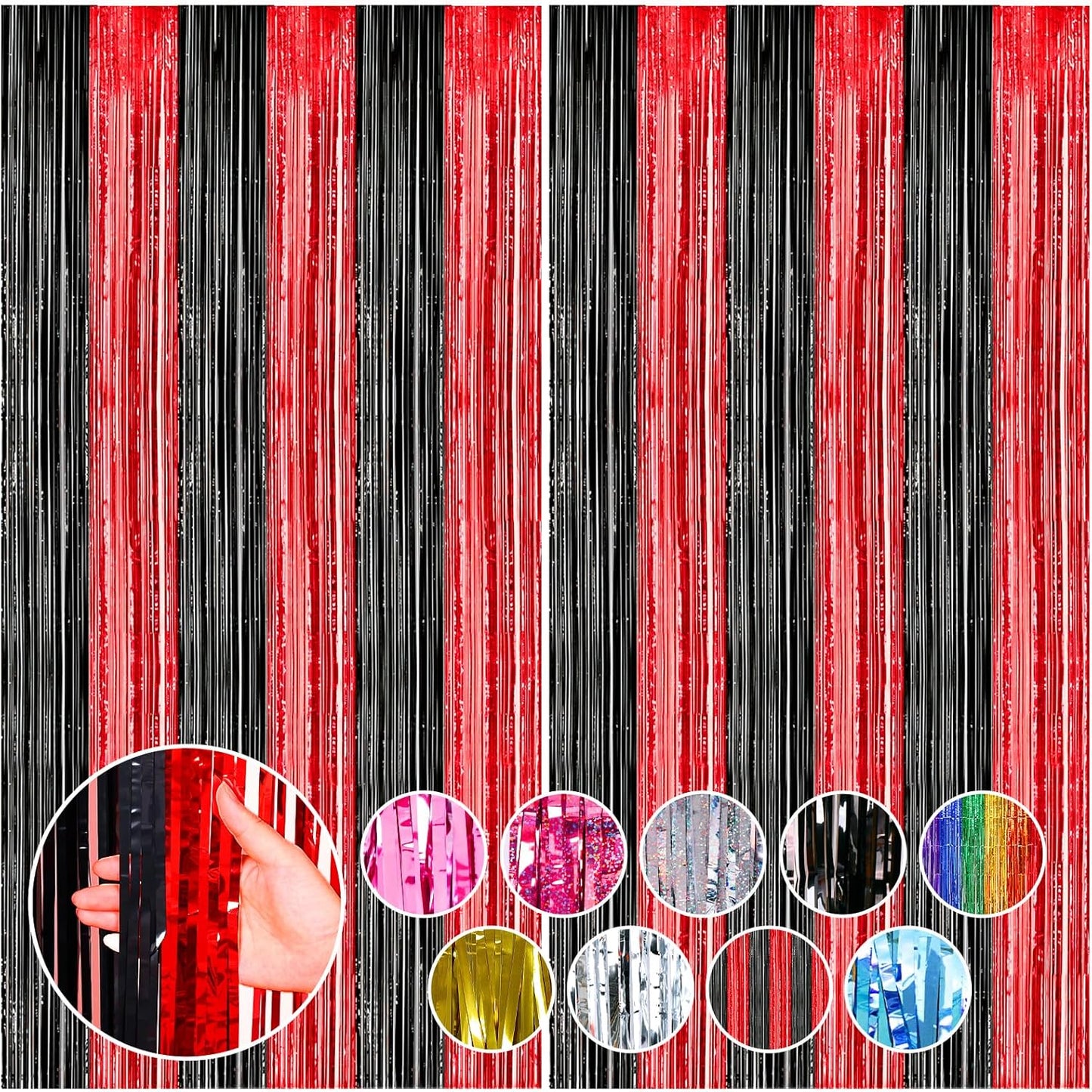 RUBFAC 2 Pack Red and Black Backdrop Party Decorations Tinsel Foil Fringe Curtains Streamers for Casino Theme Halloween Bachelorette Birthday Holiday Celebrations Party Supplies