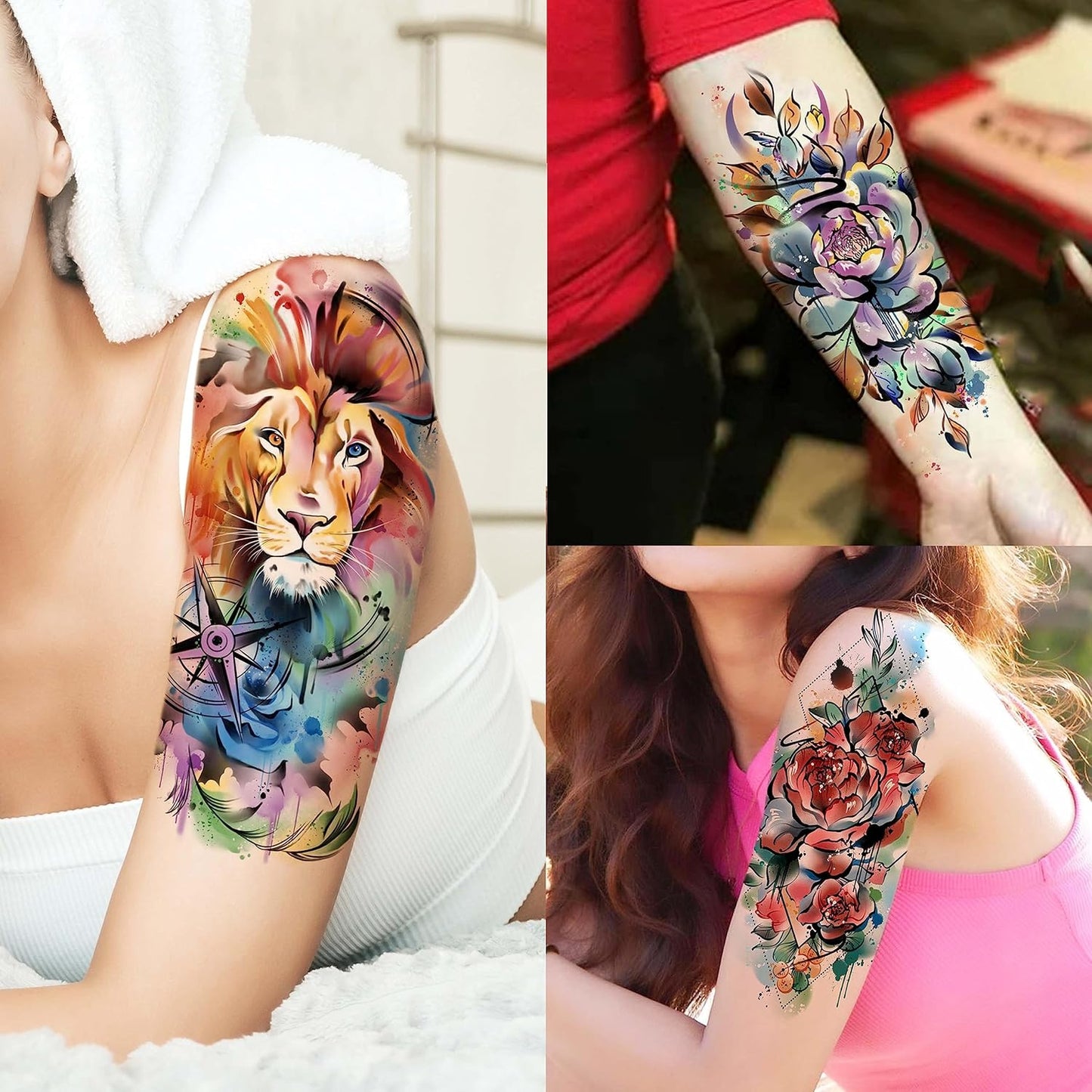 63 Sheets 3D Watercolor Rose Temporary Tattoos For Women Arm Girls Adults, Water Color Peony Flower Tattoo Sticker, Bulk Temp Fake Long Lasting Tattoo Colorful Floral Moon Snake Lion Wolf Tiger