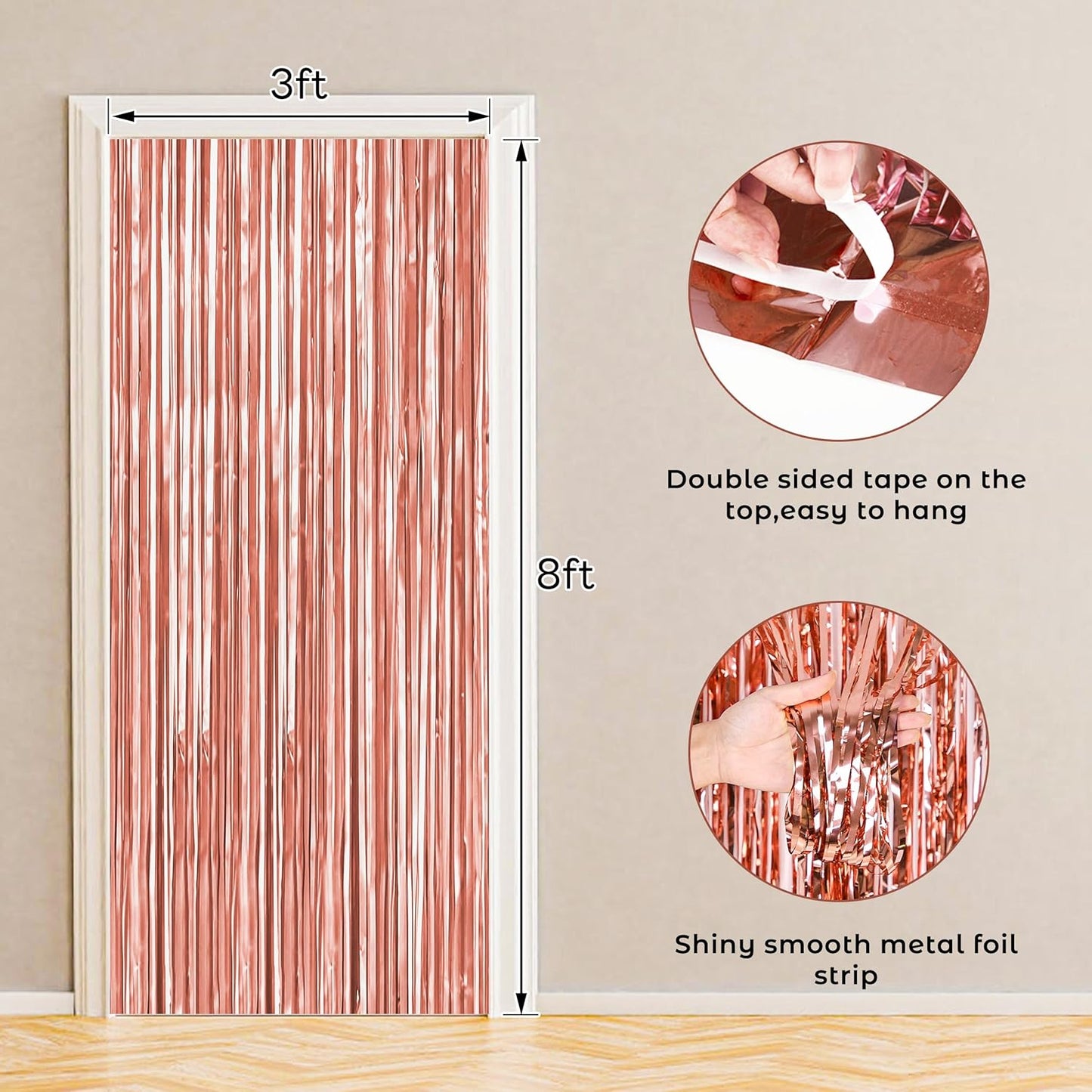 BTSD-home 4 Pack Rose Gold Foil Fringe Curtain, Metallic Photo Booth Backdrop Tinsel Door Curtains for Wedding Birthday Bridal Shower Baby Shower Bachelorette Christmas Party Decorations(3ft x 8ft)