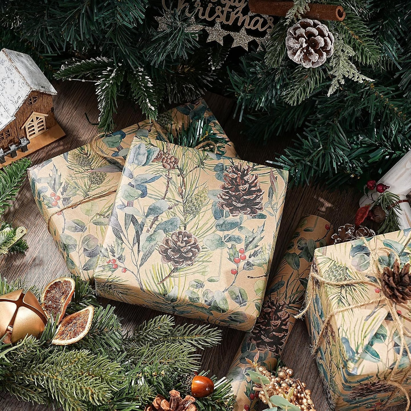 RUSPEPA 30" X 100' Kraft Christmas Wrapping Large Paper Roll, Jumbo Roll, Watercolor Pinecone and Eucalyptus Leaf Design, Kraft Gift Wrap for Christmas, Winter Holiday Party, Rustic Natural Theme