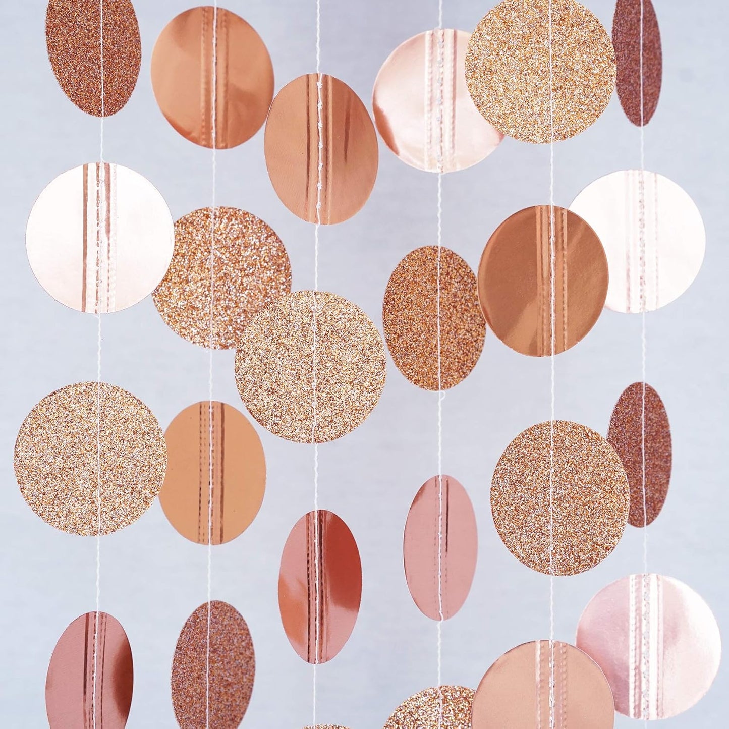 Circle Dots Paper Party Garland Streamer Backdrop (10-Pack, 10 Feet Per Garland, 100 Feet Total) - Rose Gold Glitter