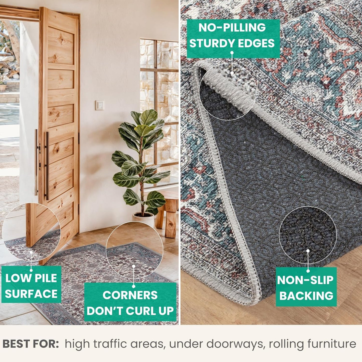 Bloom Rugs Washable Non-Slip 6' x 9' Rug - Teal/Blue/Beige Traditional Oriental Area Rug for Living Room, Bedroom, Dining Room, and Kitchen - Exact Size: 6' x 9'