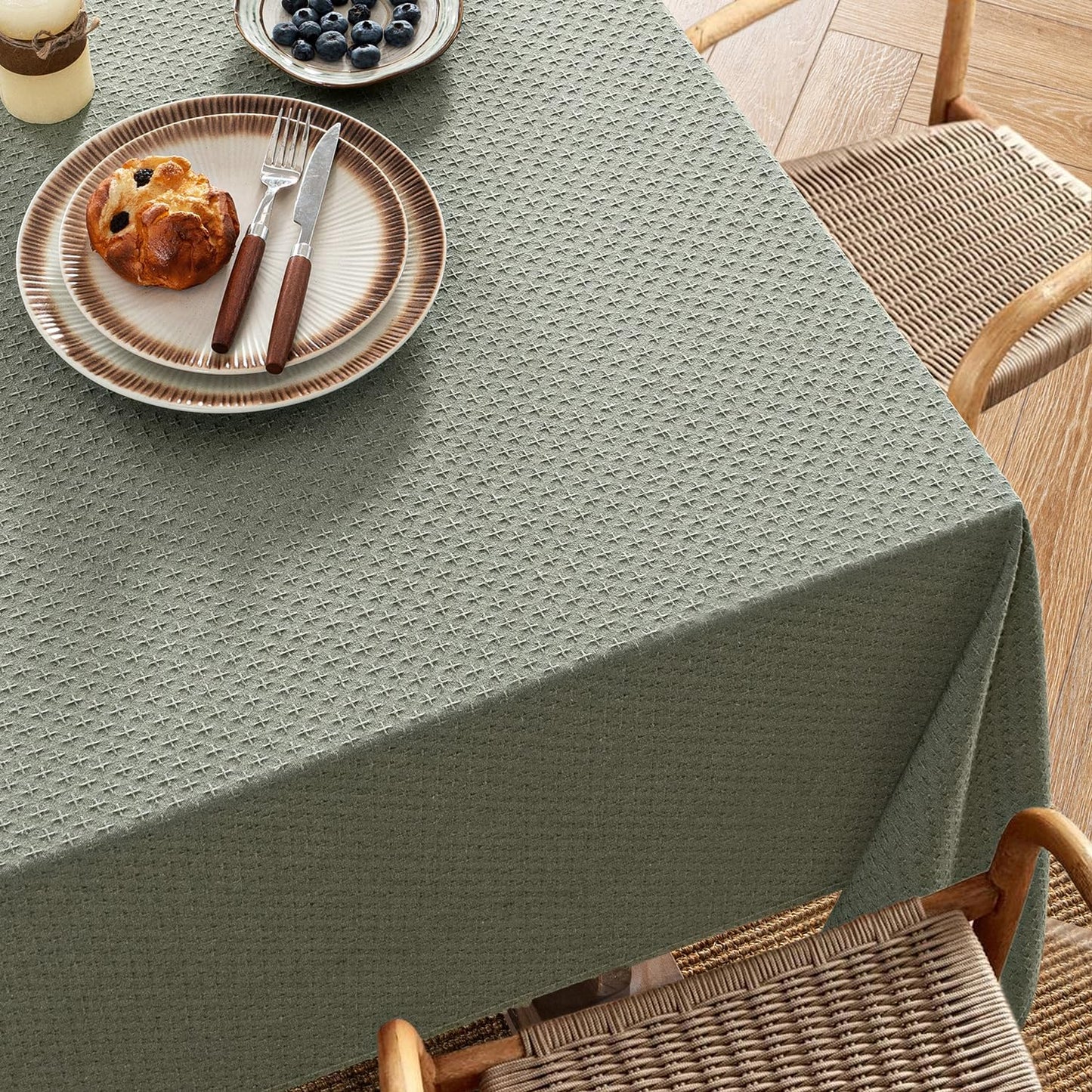 MIULEE Olive Green Linen Cottton Table Cloth Rectangle Tablecloth Waterproof Spillproof Cross-Star Textured Table Cltoth Decorative Farmhouse Style for Dining Party Weddings 60x84 Inch