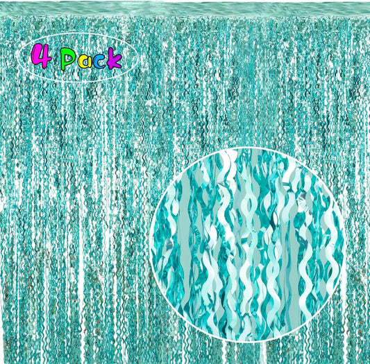 4 Pack 3.3 ft x 6.6 ft Wavy Aqua Teal Blue Tinsel Foil Fringe Curtains Backdrop - Wave Metallic Foil Curtains for Wedding Girl Princess Bachelorette Euphoria Theme Party Decoration