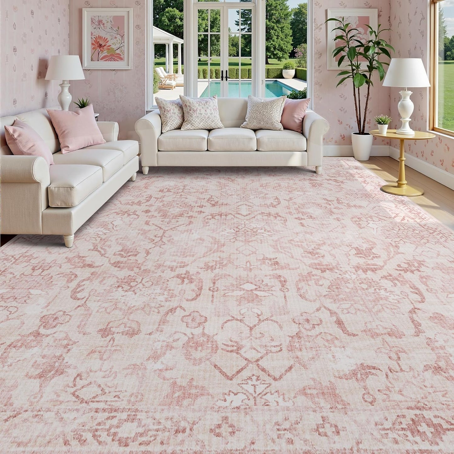 Deerly Pink Area Rugs 10x12 for Living Room Soft Non-Slip, Large Bedroom Rug Vintage Dining Room Rug Tribal Farmhouse Carpet for Dining Room Office