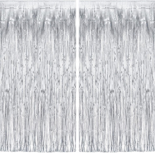 Silver Streamers Metallic Party Backdrop - GREATRIL Foil Fringe Tinsel Curtain for 2026 NYE/Birthdays/Prom/New Years/Graduations/Photo Booth, 8.2ft x 3.2ft - Pack of 2