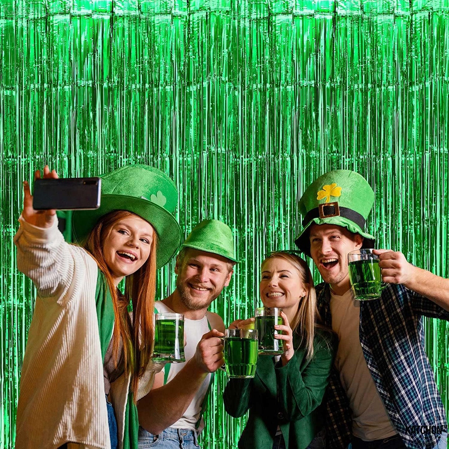 4 Pack Green Foil Fringe Curtain Backdrop, 3.28Ft x 8.2Ft Metallic Tinsel Foil Fringe Streamer Curtains for Photo Booth Props Decor Party Supplies