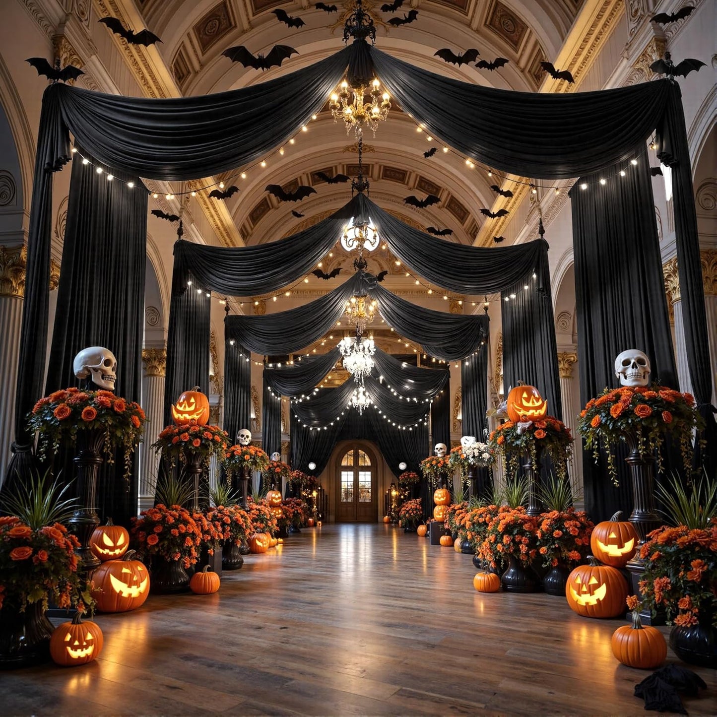 PartyVillage 20ftx40ft Black Ceiling Curtain for Halloween Parties – 4 Panels Wrinkle-Free 40 FT Long Tent Draping Curtains for Wedding, Birthday & Theme Parties, 40ft Height with Rod Pocket