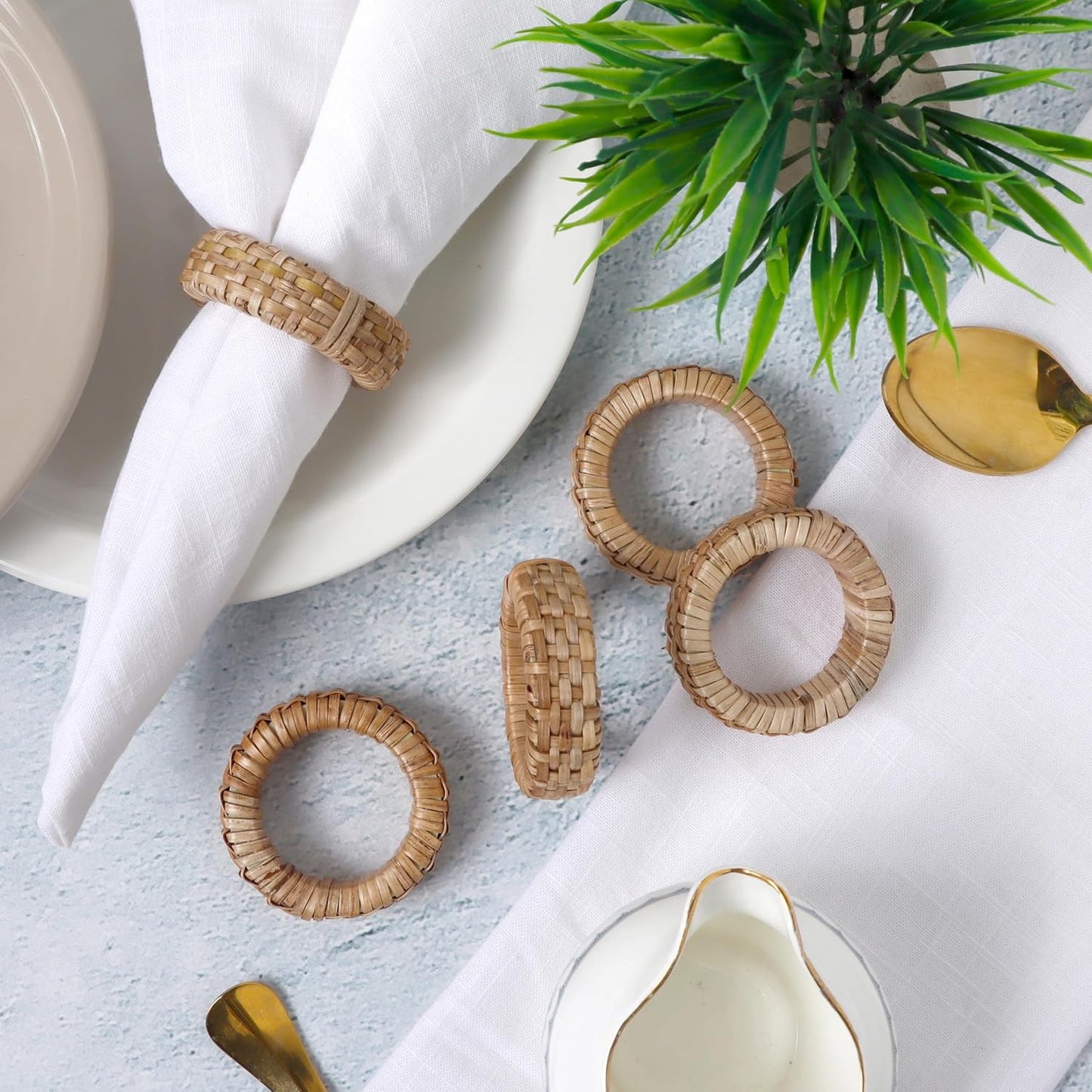 Handcrafted Napkin Ring Set of 12, Unique Cane & Plastic Design, Elegant Tableware, Premium Quality Napkin Ring, Perfect for Dinner Parties, Wedding Decor, Holiday Gatherings (Brown) - CLEENTABLE