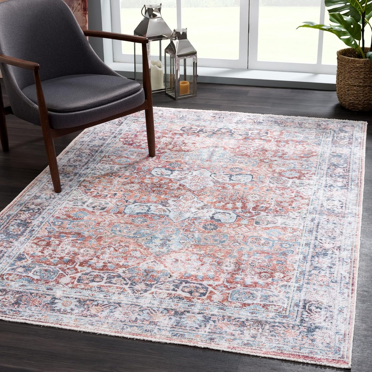 Bloom Rugs Washable Non-Slip 2x3 Rug - Brick/Dark Blue Traditional Oriental Area Rug for Living Room, Bedroom, Dining Room, and Kitchen - Exact Size: 2' x 3'