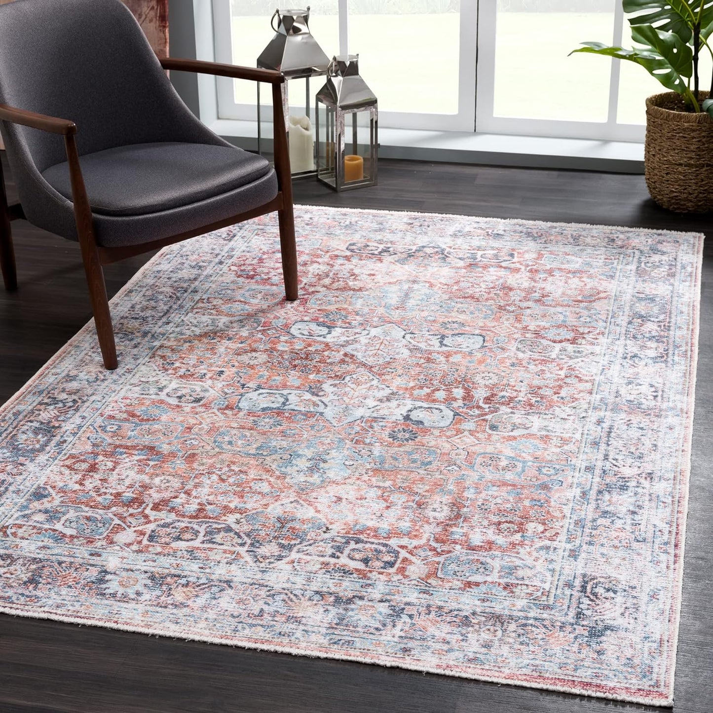Bloom Rugs Caria Washable Non-Slip 4x6 Rug - Brick/Dark Blue Traditional Area Rug for Living Room, Bedroom, Dining Room, and Kitchen - Exact Size: 4' x 6'