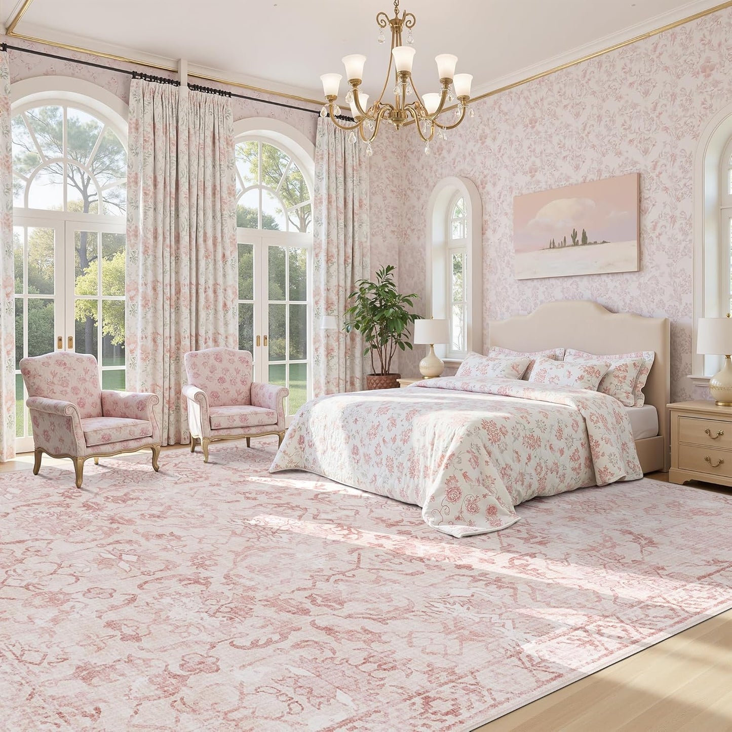 Pink Extra Large Area Rug 10x14 for Living Room, Distressed Washable Rug for Dining Room Bedroom, Anti-Slip Low-Pile and Soft Accent Rug Farmhouse Office Home Decor