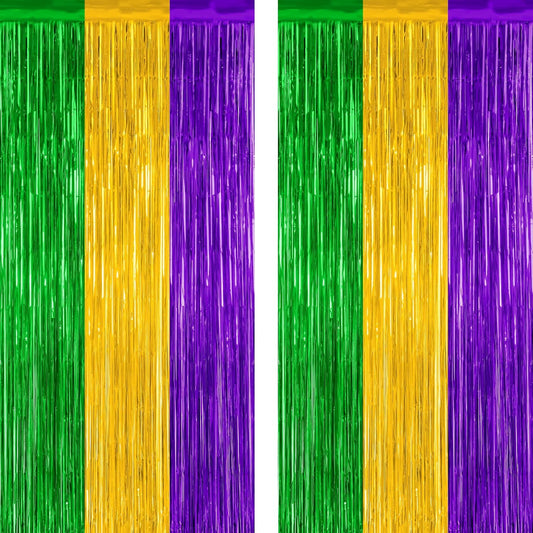 2 Pack Mardi Gras Tinsel Backdrop, 3.28 FT x 7.05 FT Metallic Fringe Curtain, Purple Gold Green Color Foil Backdrop Party Streamer, Mardi Gras Photo Booth Props Lobster Party Decorations