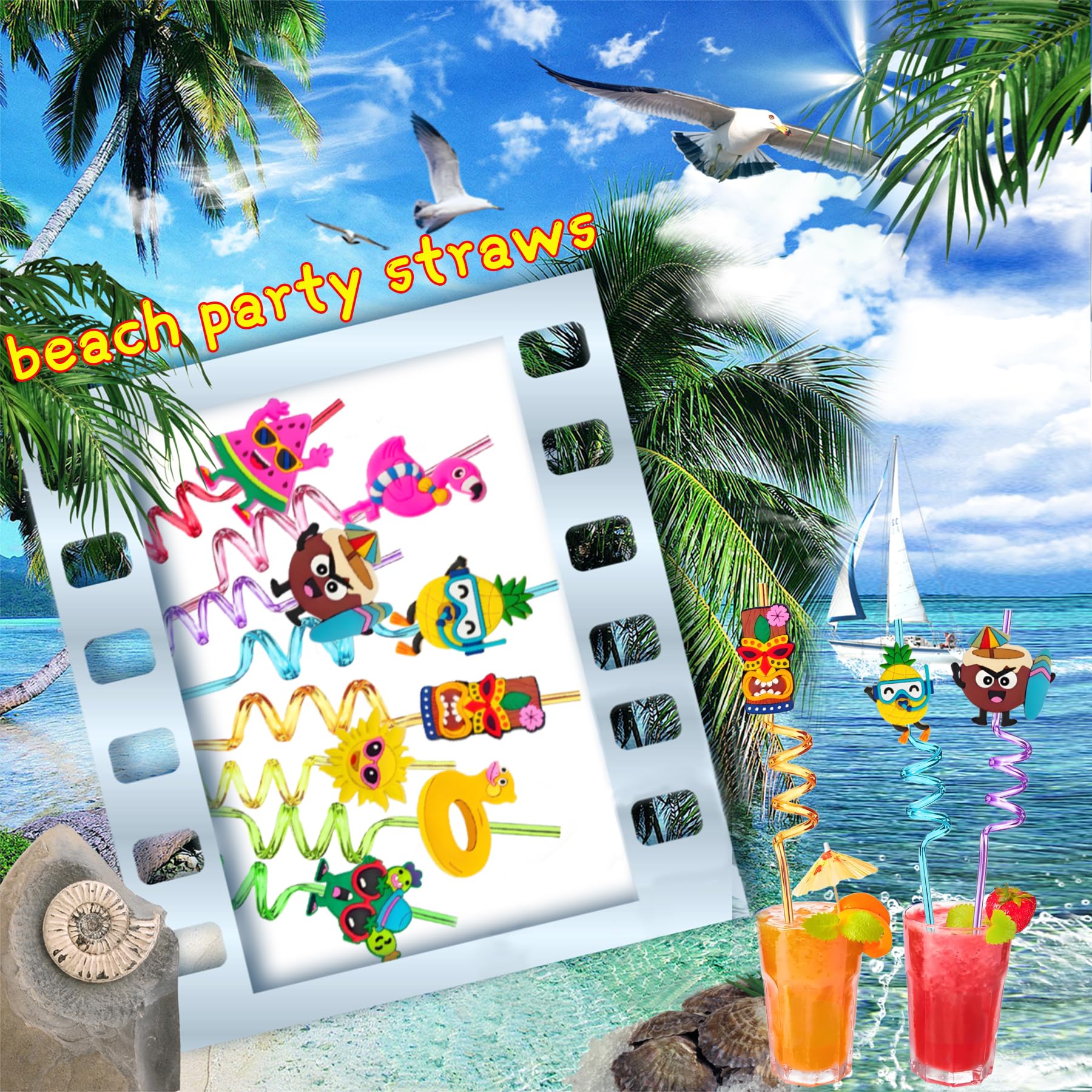 24 Reusable Hawaiian Drinking Straws for Summer Beach Pool Party Decoration