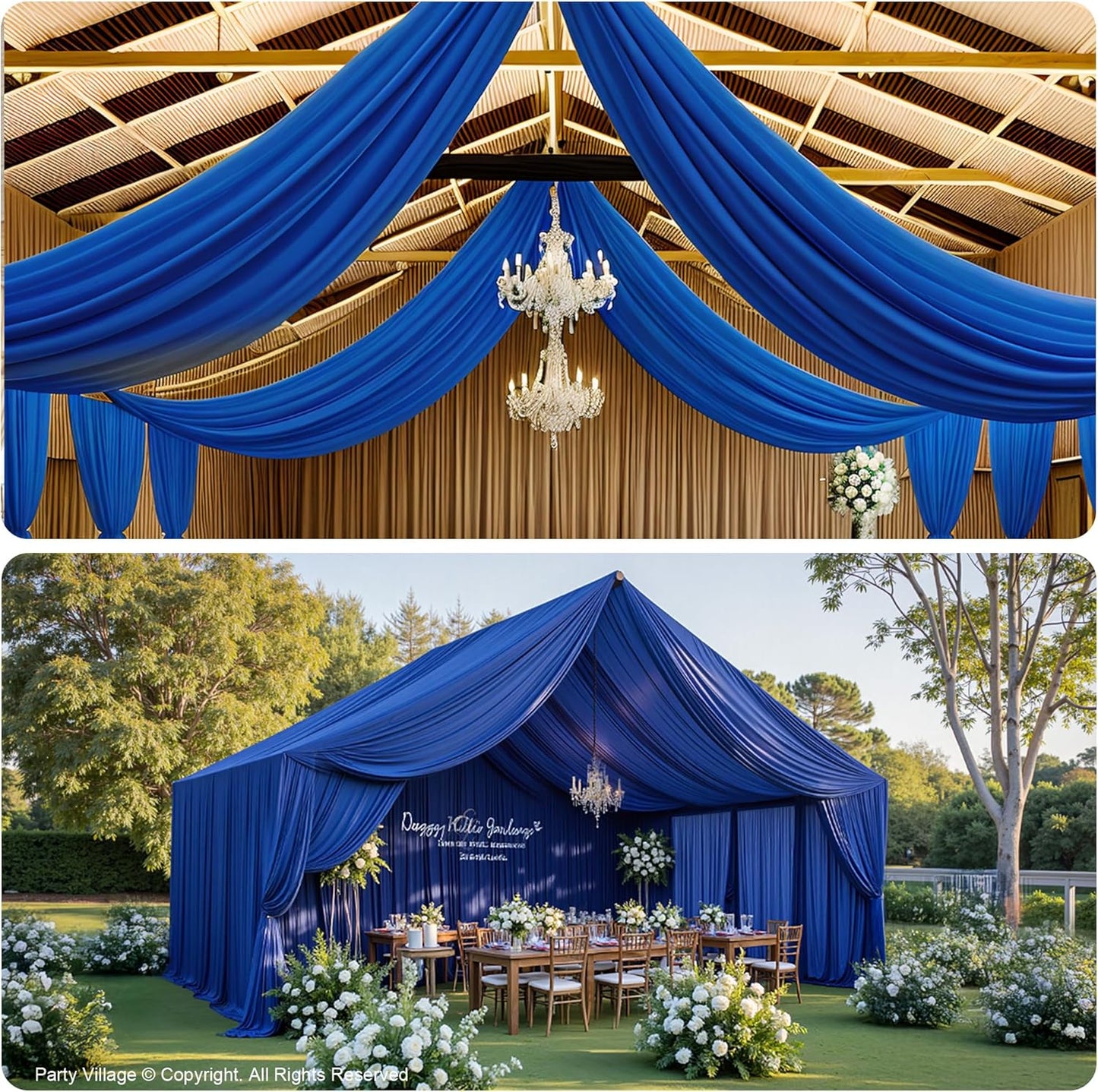 PartyVillage 2 Panels 5ftx30ft Royal Blue Ceiling Drapes for Wedding Parties – 30 FT Extra Long Thick Polyester Wrinkle-Free Drapery Tent Decor Decorations for Birthday Party Ceremony Stage Swag