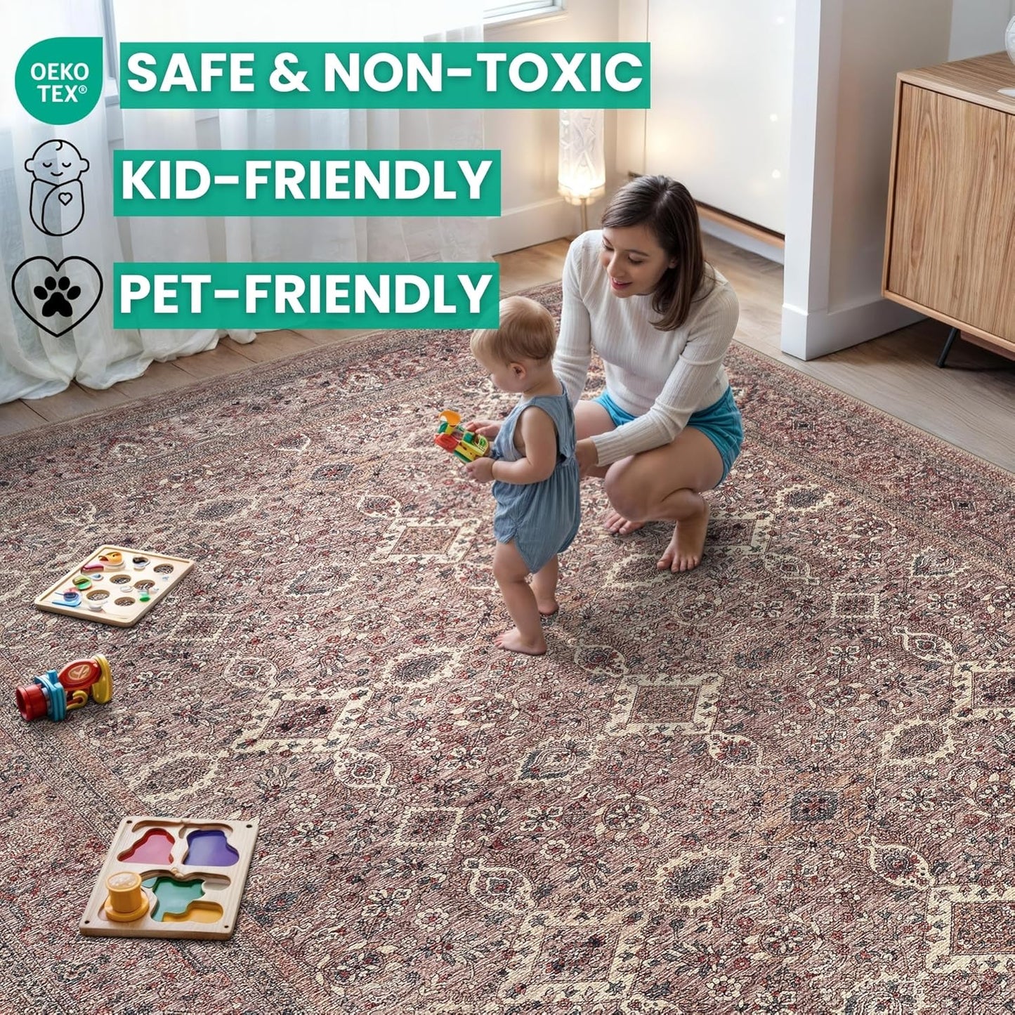 Bloom Rugs Washable Non-Slip 10 ft Runner - Beige Traditional Bordered Runner for Entryway, Hallway, Bathroom, and Kitchen - Exact Size: 2.5' x 10'