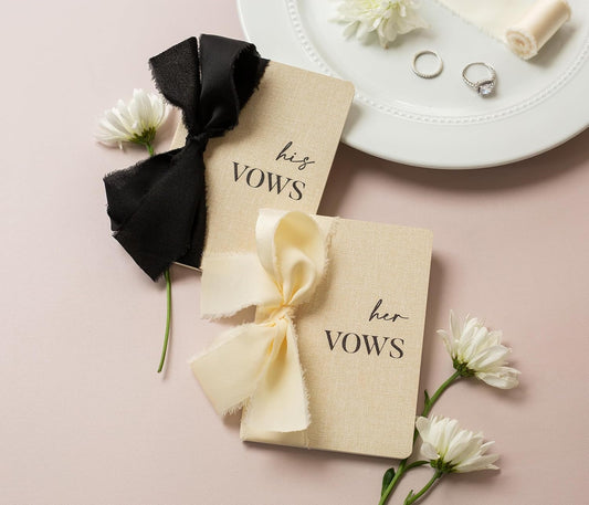 Slim Vow Books with Ribbons (Set of 2 - Design 1) - 5.75" x 4" Soft Cream Canvas Linen Textured Cover Wedding Vow Booklets, Ceremony Speech Note Journal, Gift for Newly Engaged Couple, 48 Lined Pages