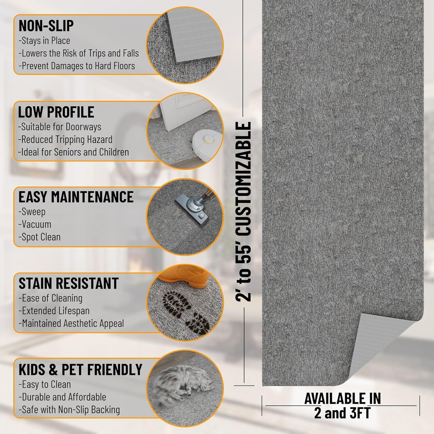 Ottomanson 2' x 11' Ultra-Thin Hallway Runner Rug - Durable Non-Slip Carpet for High-Traffic Areas - Fits Under Doors for Seamless Entry - Ideal for Kitchen, Entryway, Bedroom & Living Room, Gray