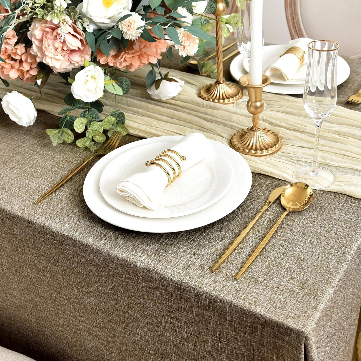 Fitable Faux Linen Tablecloths for Rectangle Tables: Water & Stain Resistant Farmhouse Table Cloth, Washable Burlap Textured Table Covers for Kitchen Dining Party(2 Pack, 60x84 Inch, Khaki)