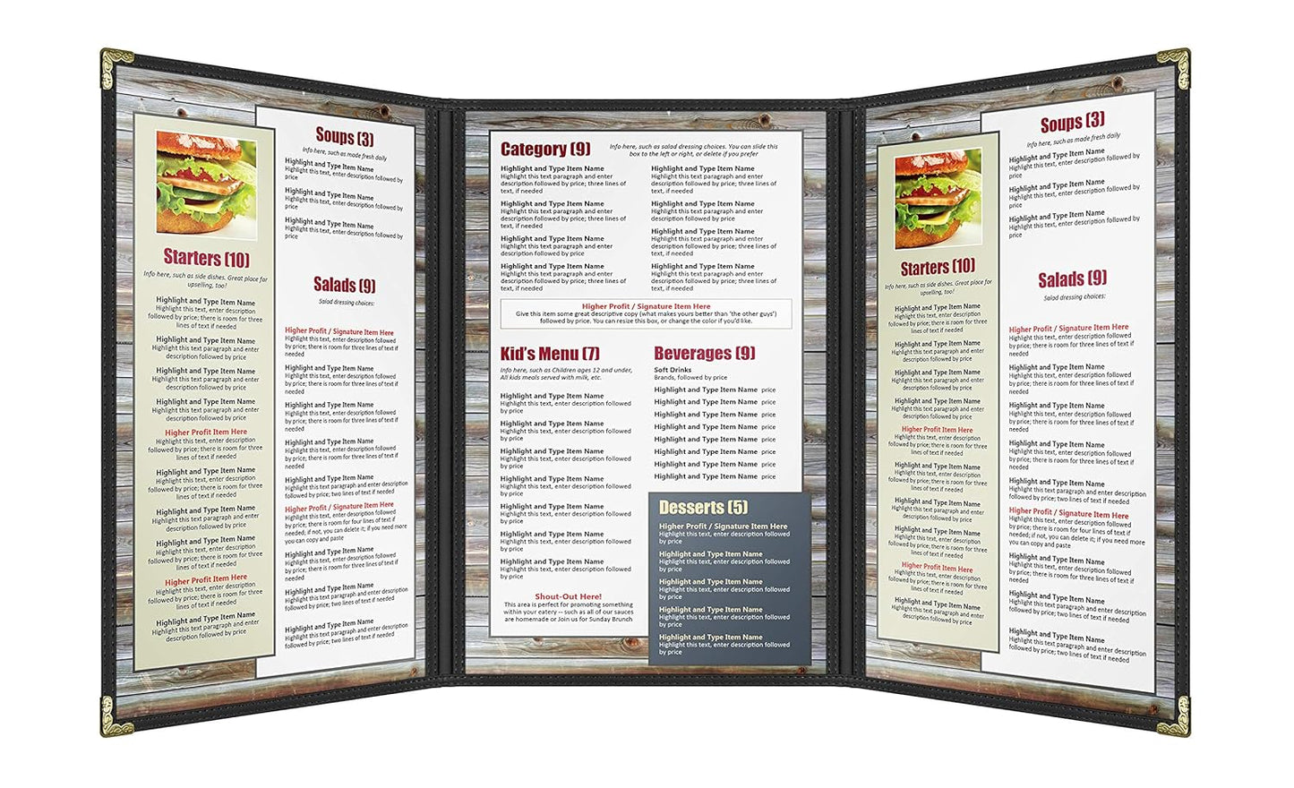 Goodsmart Restaurant Menu Covers – 25 Pack Black 6-View Trifold 8.5" x 14", Side-Loading Vinyl & Plastic Menu Holders, Clear Menu Sleeves, Leather-Style Café Covers with Gold Corners