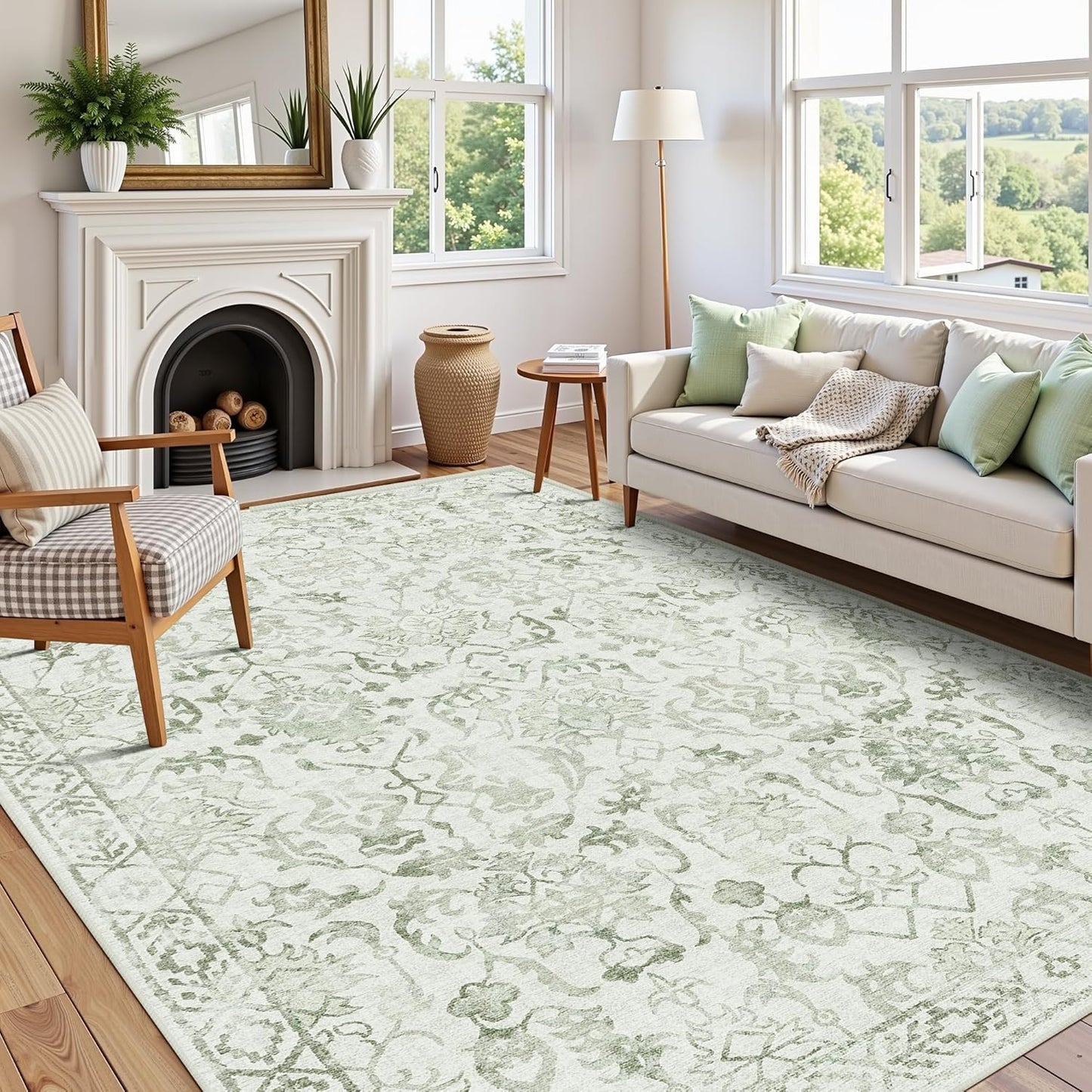Sage Neutral Large Area Rug 9x12 for Living Room, Washable Rug for Dining Room Bedroom, Anti-Slip Low-Pile and Soft Accent Rug Farmhouse Office Home Decor Light Green