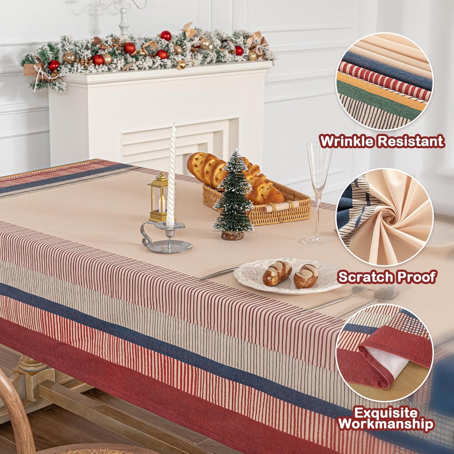 MYSKY HOME Cotton Table Cloth, Rustic Striped Fall Tablecloth, Farmhouse Table Cloth Waterproof Wrinkle Free Halloween Tablecloth Washable for Rectangle/Oblong, 55''x86'', Red