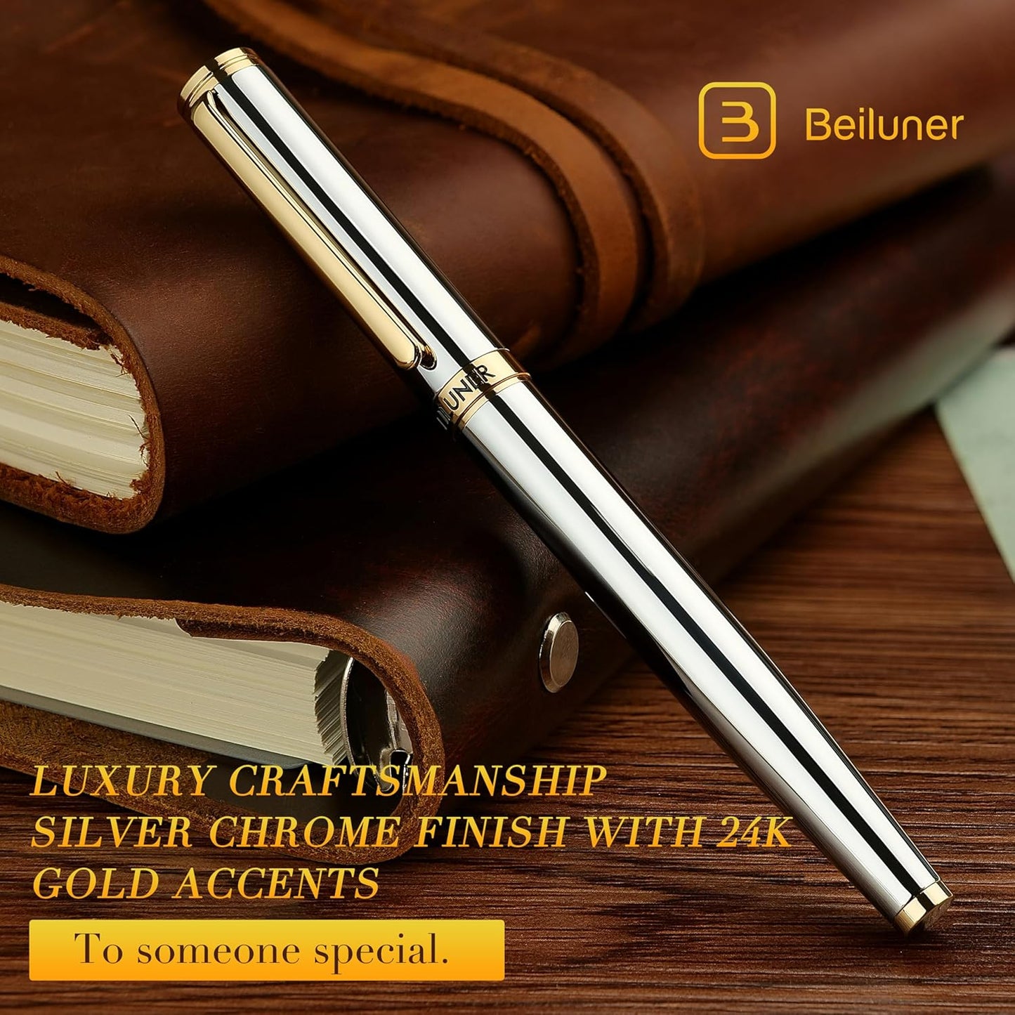 BEILUNER Silver Chrome Fountain Pen,Stunning Luxury with 24K Gold Accents, Gorgeous 24K Gilded Nib(Fine), Trustworthy Pen Gift for Men&Women -Ink Converter-Elegant, Graduation,Nice Pen for Writing