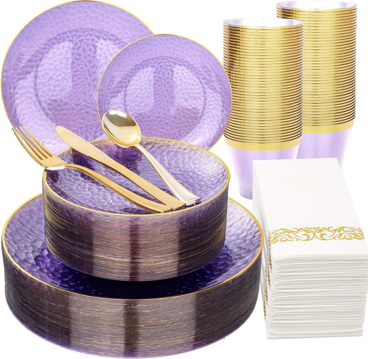 Rubtlamp 175 Pcs Purple Plastic Dinnerware Set (25 Guests), Clear Purple Plates With Gold Rim, Hammered Party Platos, Plates And Cups And Napkins Sets for Wedding, Party