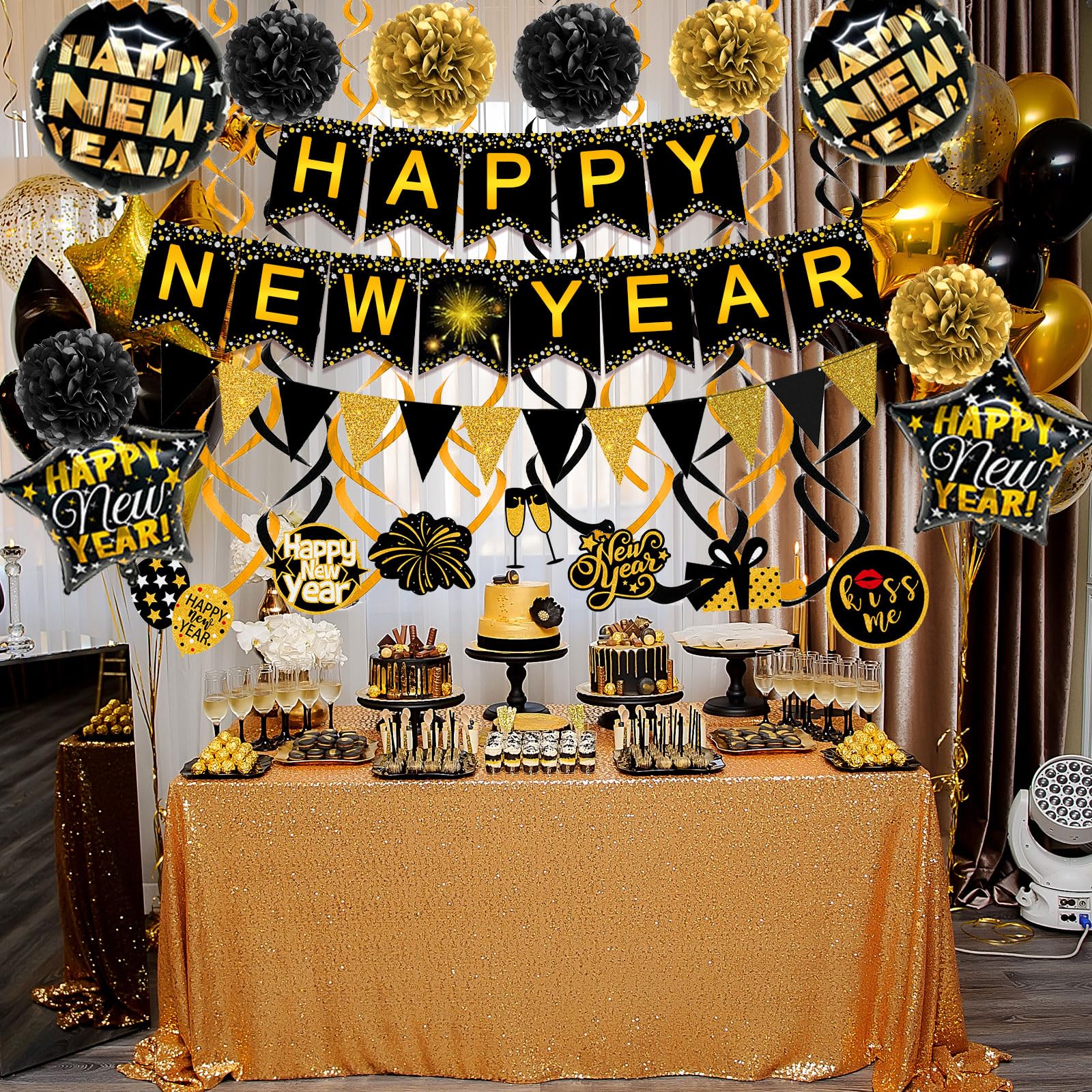 Famoby Happy New Year Paper Banner Triangle Flag Bunting Pom poms Swirls Streamers & Balloons for