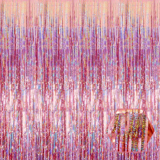 3 Pack Rose Gold Foil Fringe Curtain Backdrop, 3.28Ft x 8.2Ft Metallic Tinsel Foil Fringe Streamer Curtains for Photo Booth, Christmas Day, New Year, Wedding Party Decorations