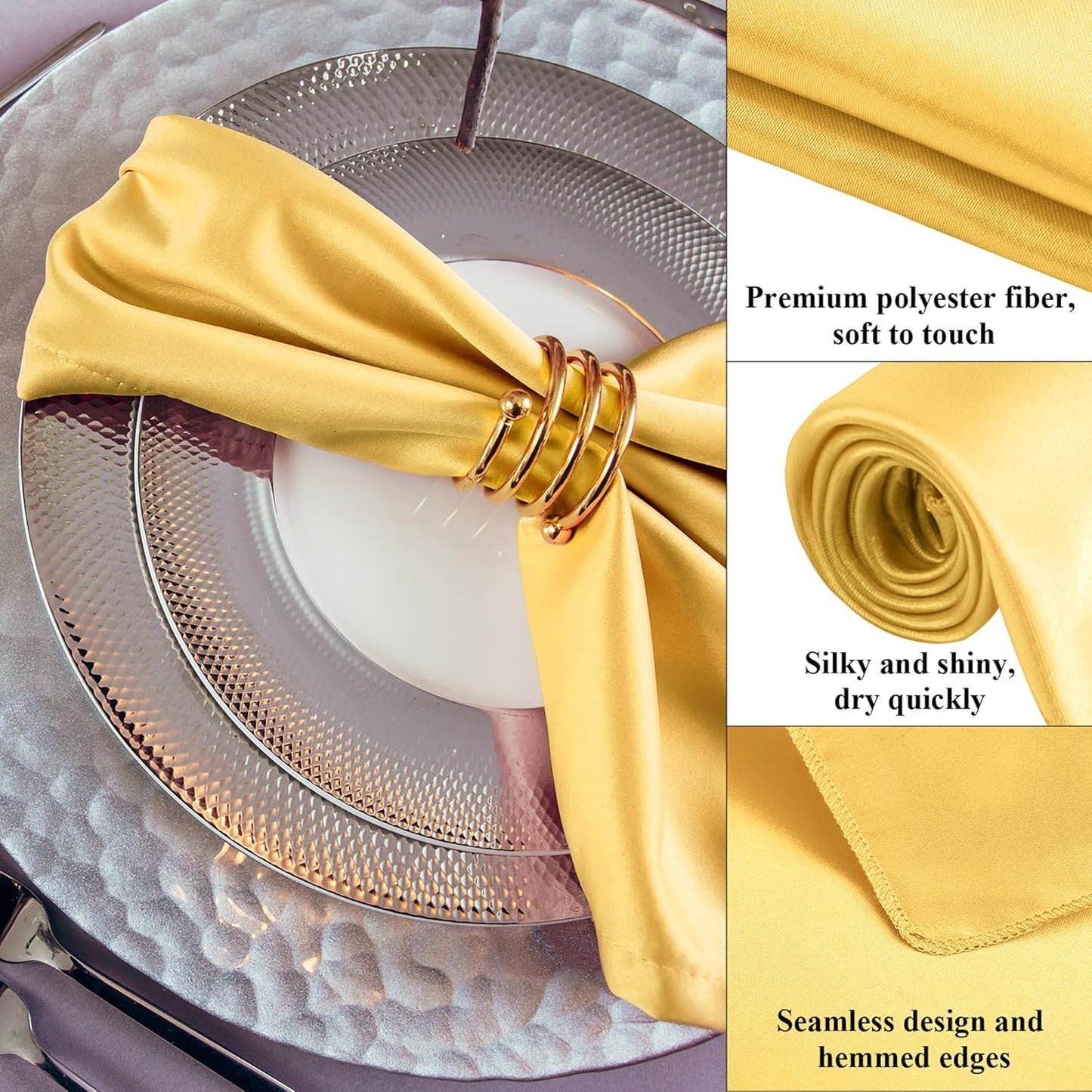 Aneco 12 Pieces Satin Napkin Square 20 x 20 Inches Dinner Napkins Weddings Party Napkin Soft Table Napkins for Romantic Weddings Party Dinner Decoration (Gold)